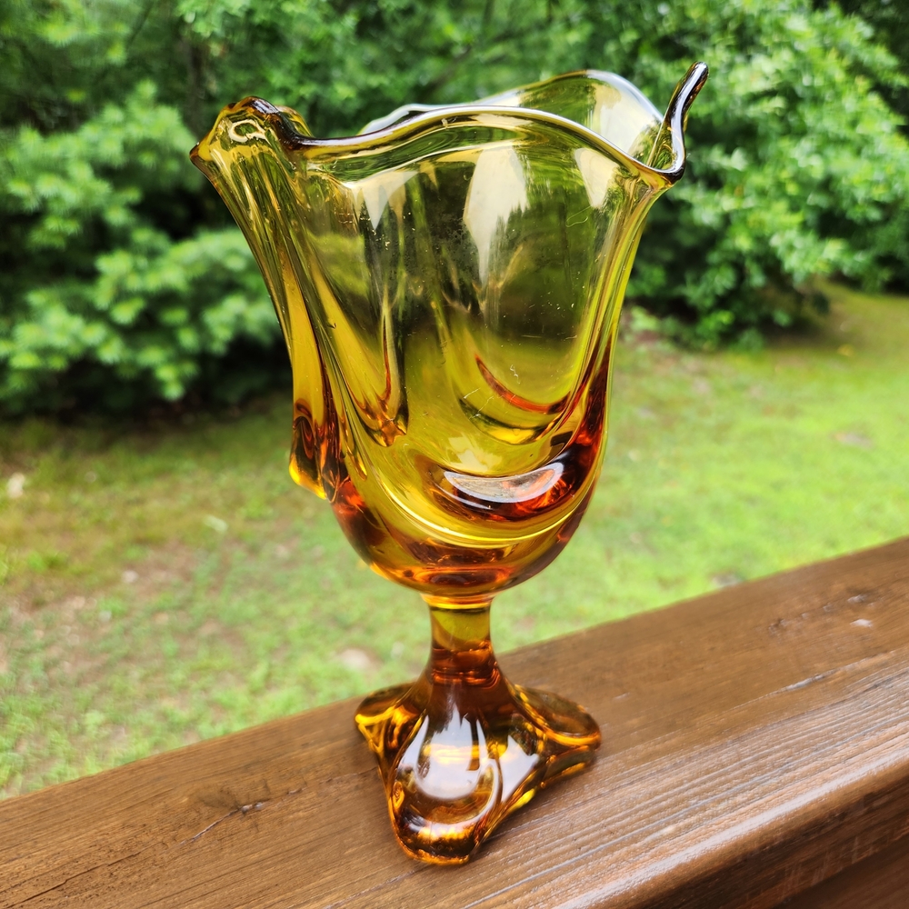 Vintage Viking Glass Epic Drape Handkerchief Amber Three-Toed Pedestal Vase
